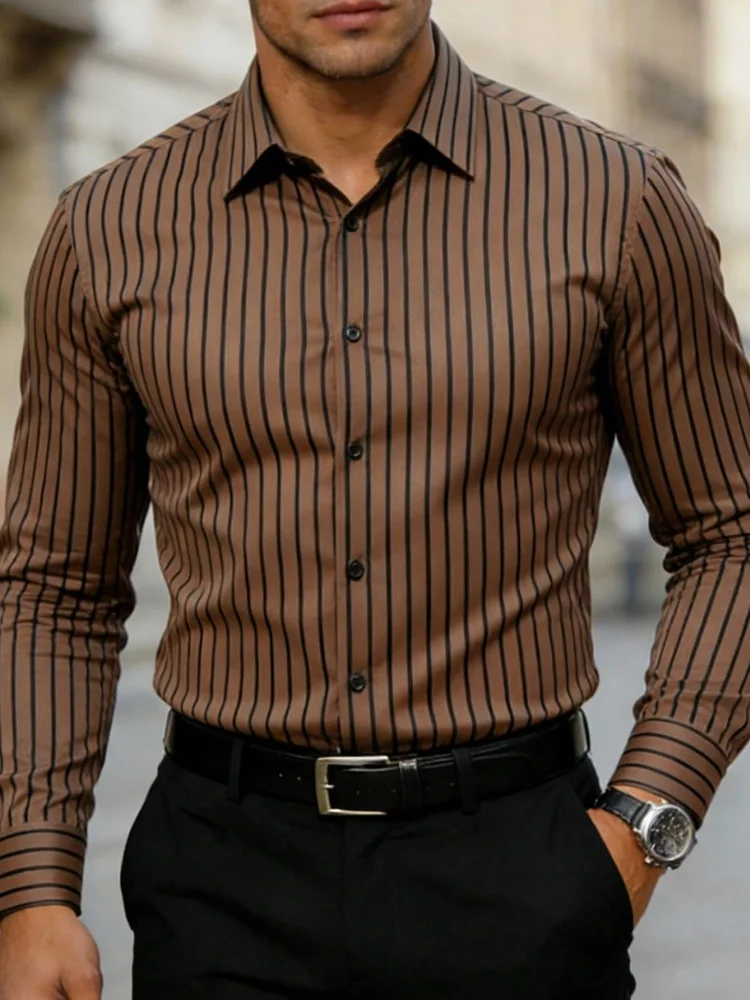 Men's long sleeved shirt with fine vertical stripes, silky smooth drape, slim fit collar shirt, business commuting formal top