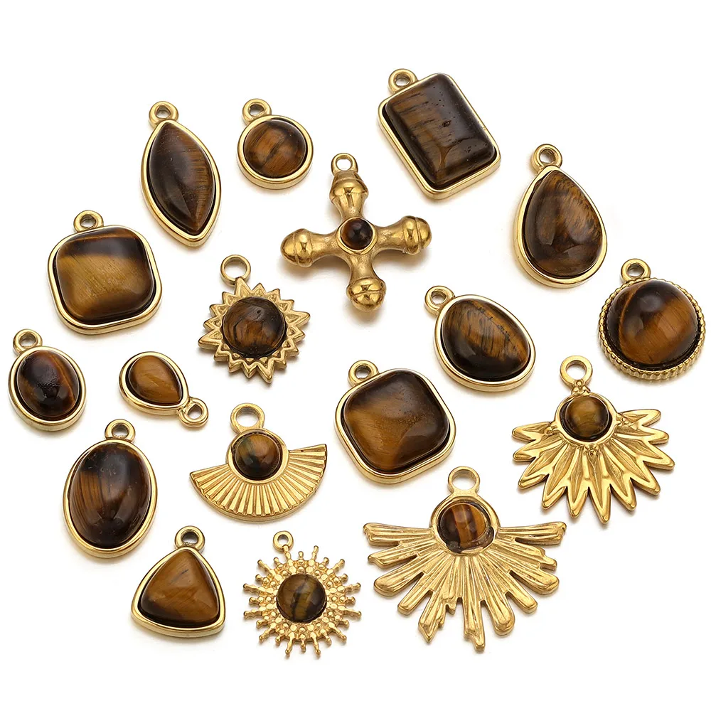 

3pcs Stainless Steel Gold-plated Tiger's Eye Stone Charm Vintage DIY Women Necklace Bracelet Earrings Jewelry Making Accessories