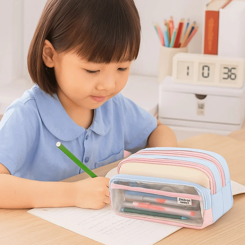 Japanese Style Pencil Bag Large Capacity Multi-layer Stationery Storage Bag Color Blocked Dirt Resistant Pen Pencil Case