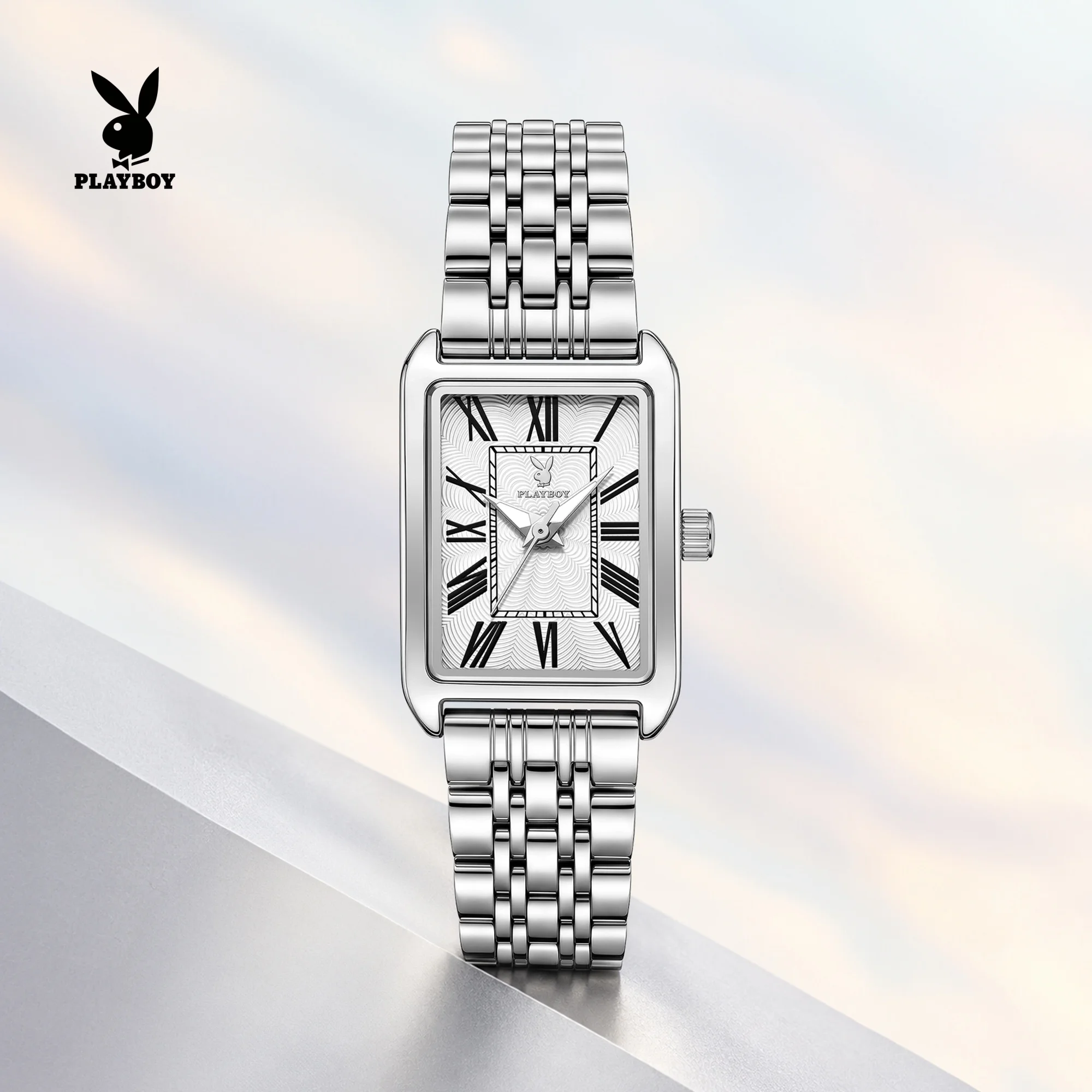 PLAYBOY Women's Quartz Watch Square Dial Roman Numerals Stainless Steel Ladies Wristwatch Waterproof  Womens Clock Gifts 3565