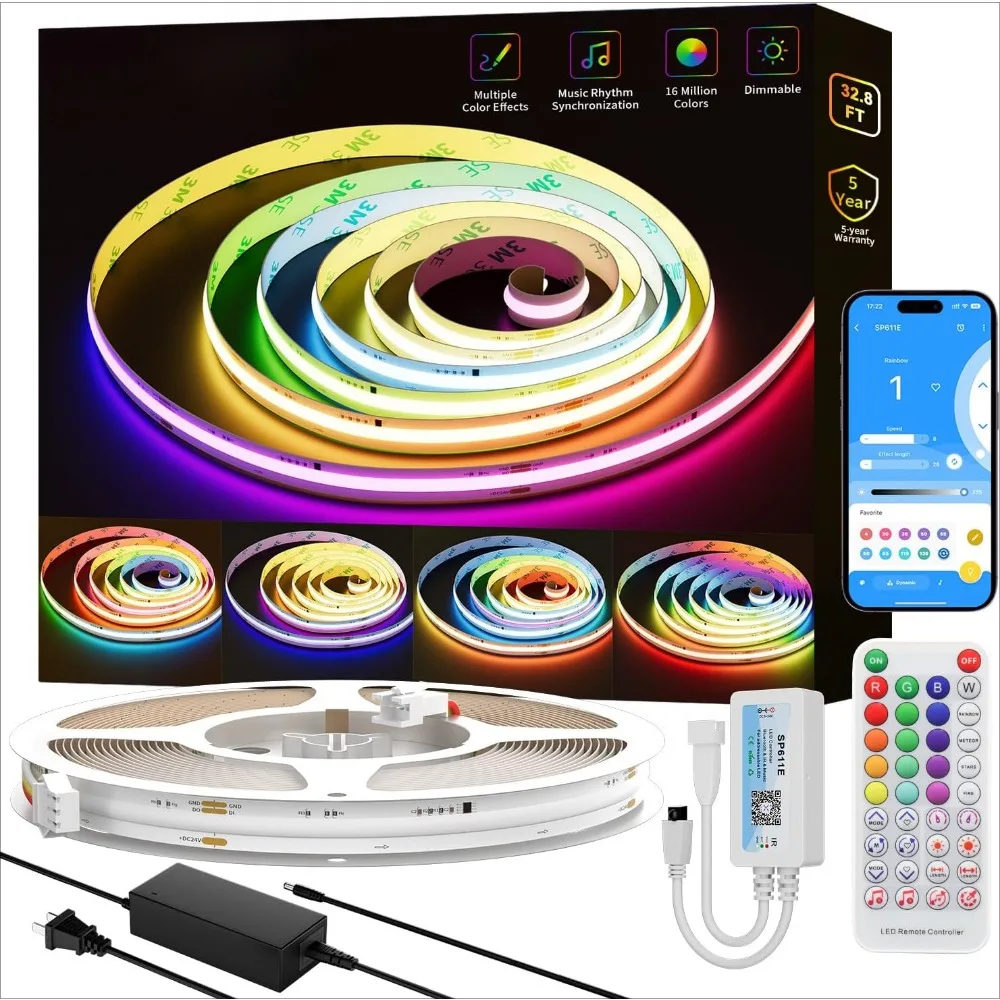 

RGB Smart IC COB LED Strip Light Addressable 32.8ft/10m,UL-Listed 24V Color Flowing Strip Light Multicolor Flexible Tape Light