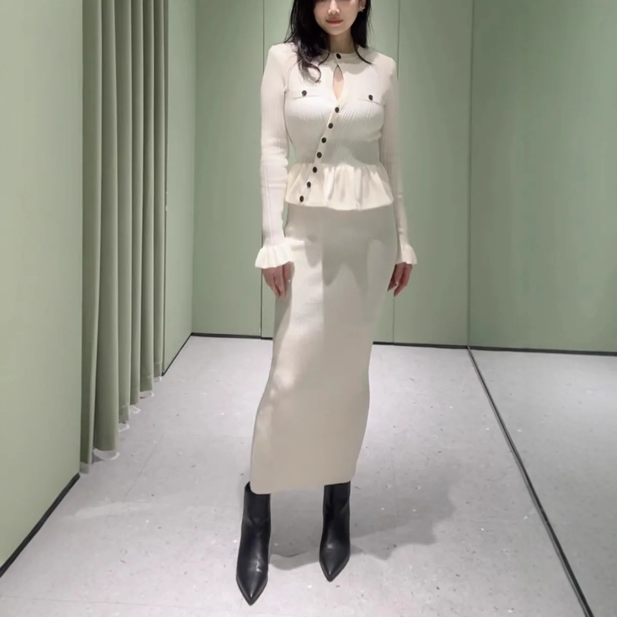 Ele Gebreide Lange Sve Dr Ivory High-End Versie Commute Ci Dames Faion Straight Cut A-lijn Dr Enkele Knop