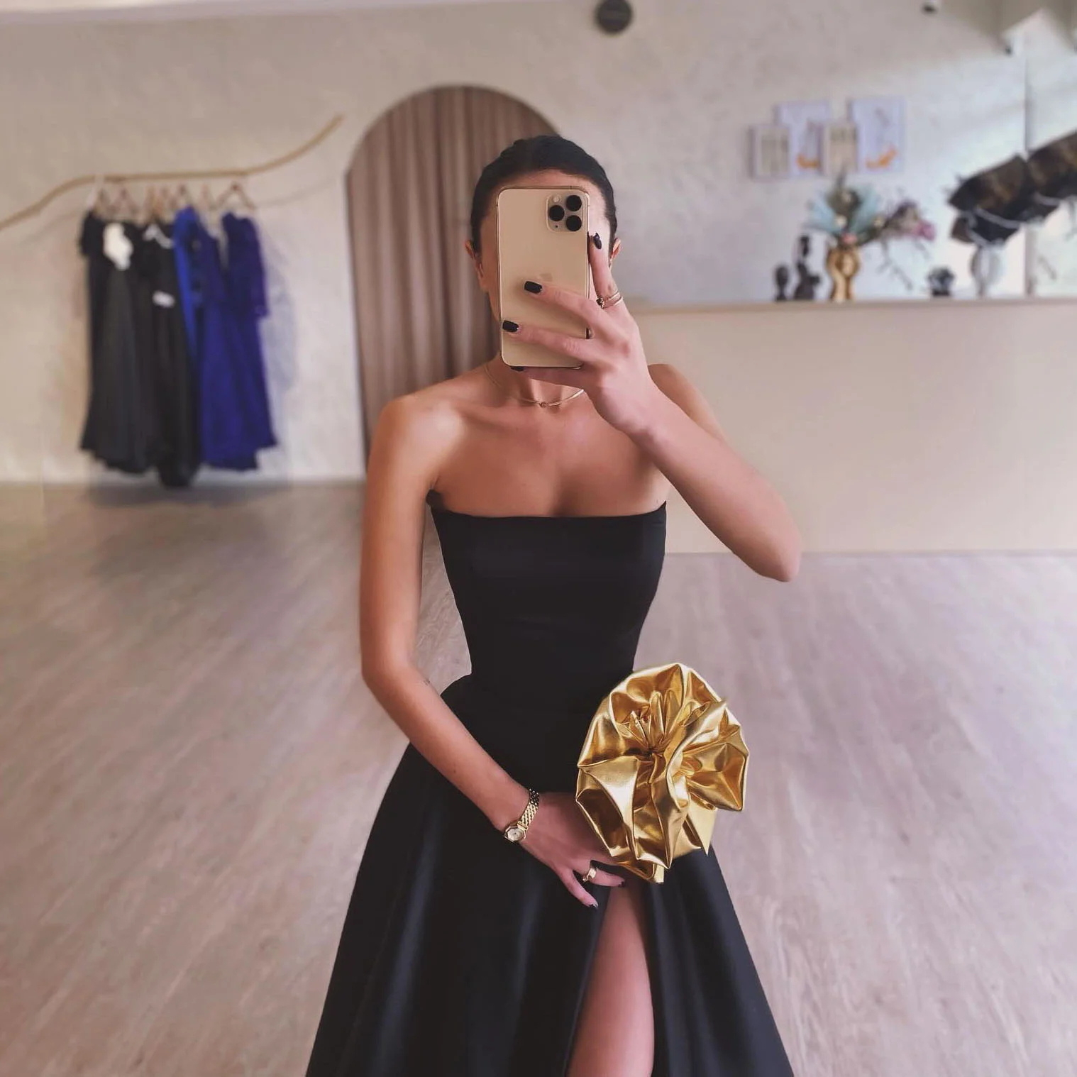 ROSES Black A Line Strapless Evening Dresses Charming Stain Prom Dress Party Dresses with Slit 3D Flower vestidos de noche