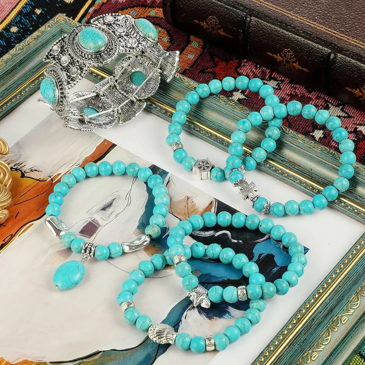 Various Shapes Blue Turquoise Bracelets Cube Cylindrical Beads Blue Natural Stone Bracelet For Men Women Elastic Cord Jewelry