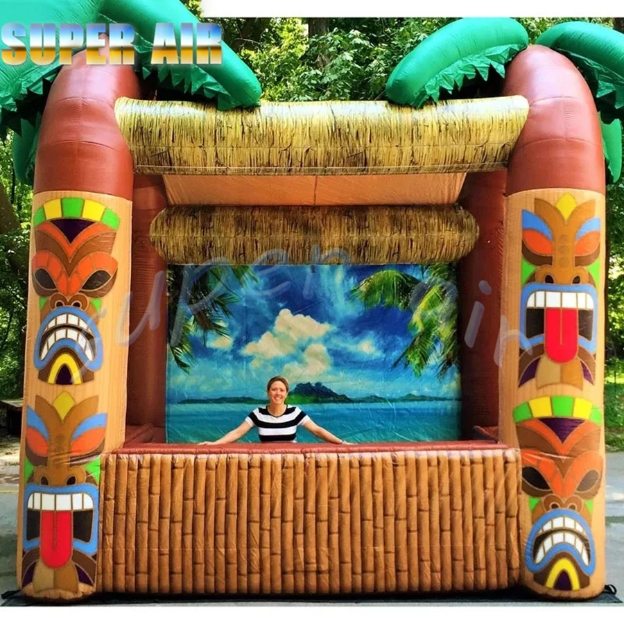Venta al por mayor de barra tiki inflable al aire libre de 4mLX3.5mH con palmera, barras de servicio de pub para beber portátiles para fiesta en la playa de verano