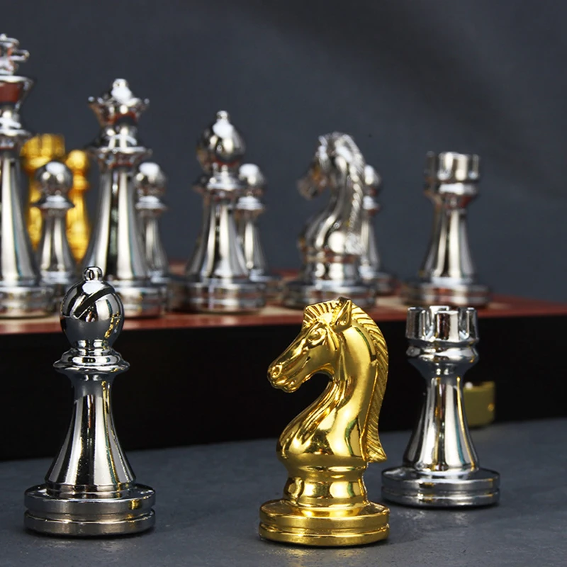 

Metal International Chess Set Luxury Gold Silver Chess Pieces Large Foldable Checkerboard Professional Board Games for Family