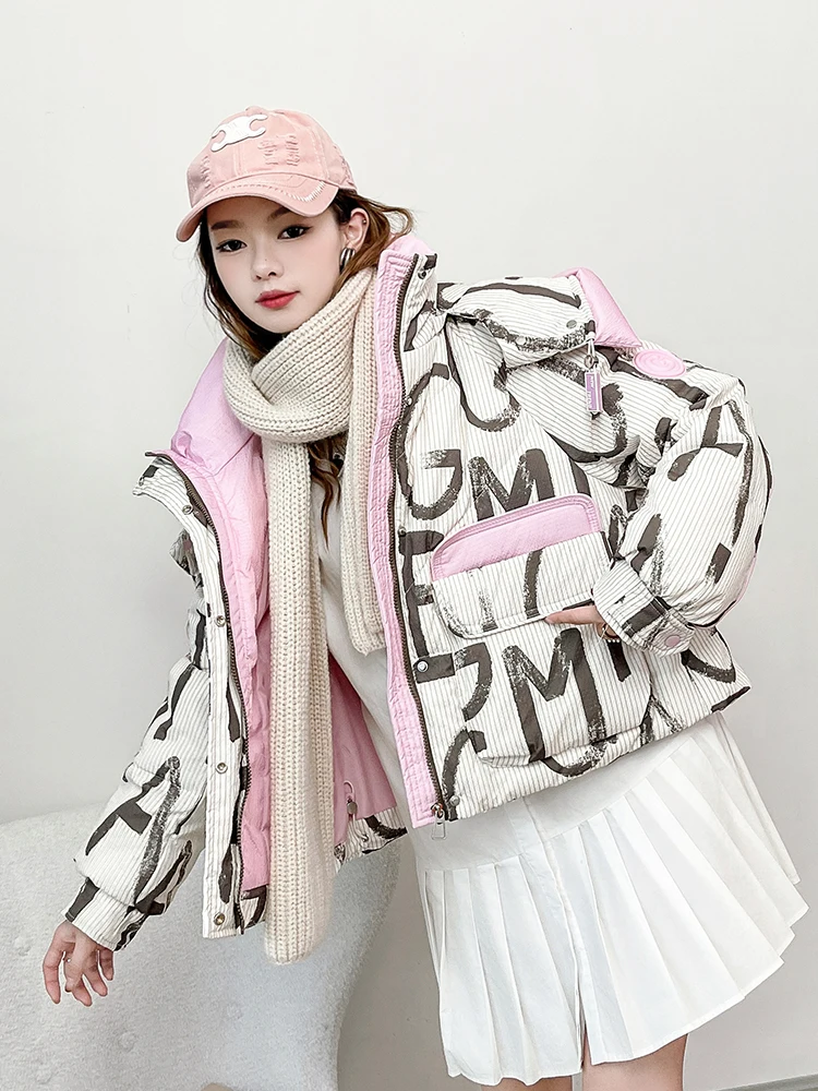 2025 new winter fashion short 90 white duck down bread jacket women letter printed trendy versatile casual down jacket