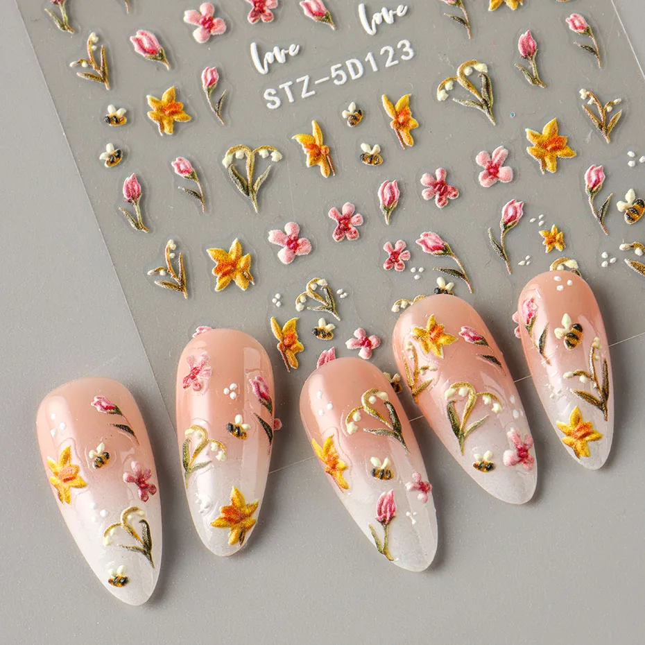 5D carino margherita ape coccinella adesivi per unghie in rilievo floreale cartone animato nail art decalcomanie primavera estate cursori adesivi manicure