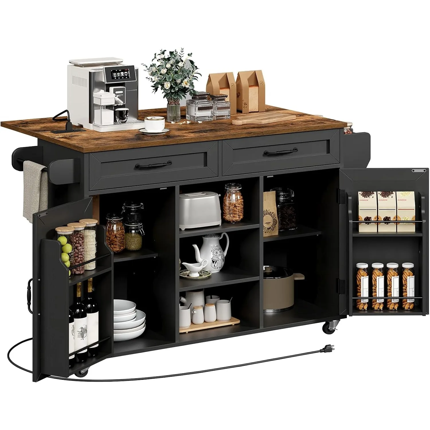 Kitchen Island with Power Outlets & Drop Leaf, Kitchen Cart with Storage, Drawer and Spice Rack, Tower Rack, Island Table, Black and Rustic Brown