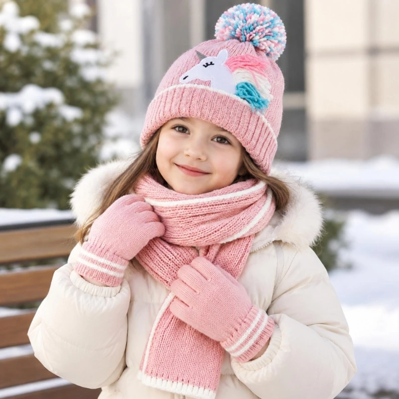 Kids Winter Hat Scarf and Gloves Set with Mane Design, Multicolor Furry Ball, and Ribbed Trim, 3Pieces Winter Set for 15UB