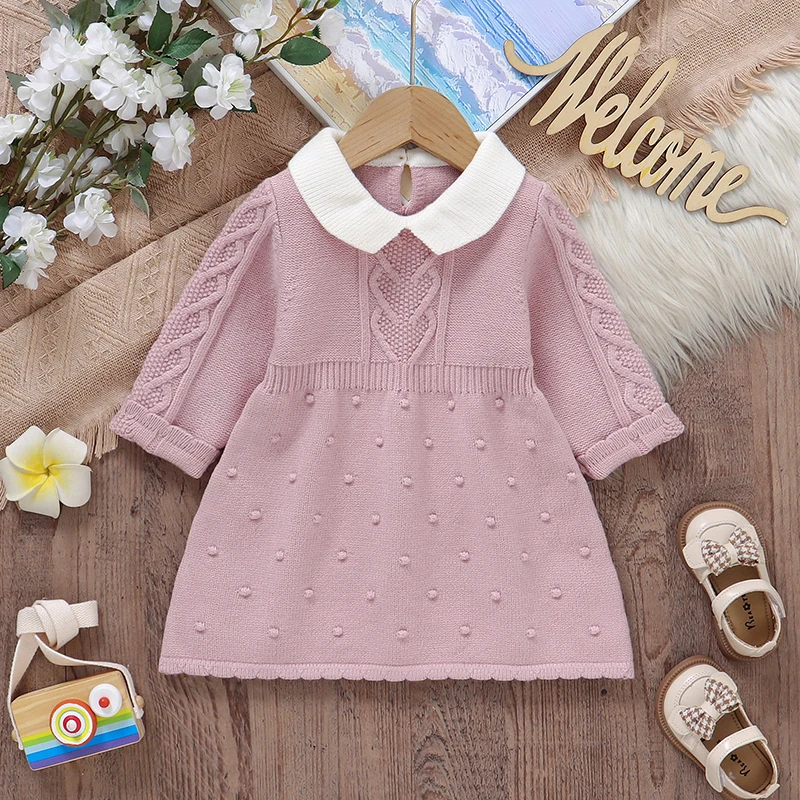 Fashion Autumn Pink Turtle Neck Long Sleeve Knit Newborn Infant Girls Princess Dress One Pieces Toddler Winter Dresses 1-3Y Wear