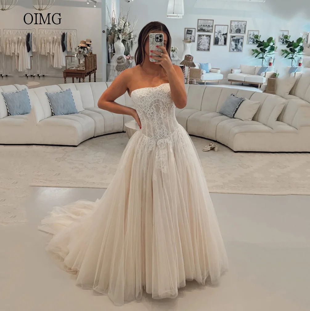 OIMG Graceful Lace Strapless A Line Wedding Dress Church Bride Dresses Floor Length Wedding Gown vestido de novia Customized