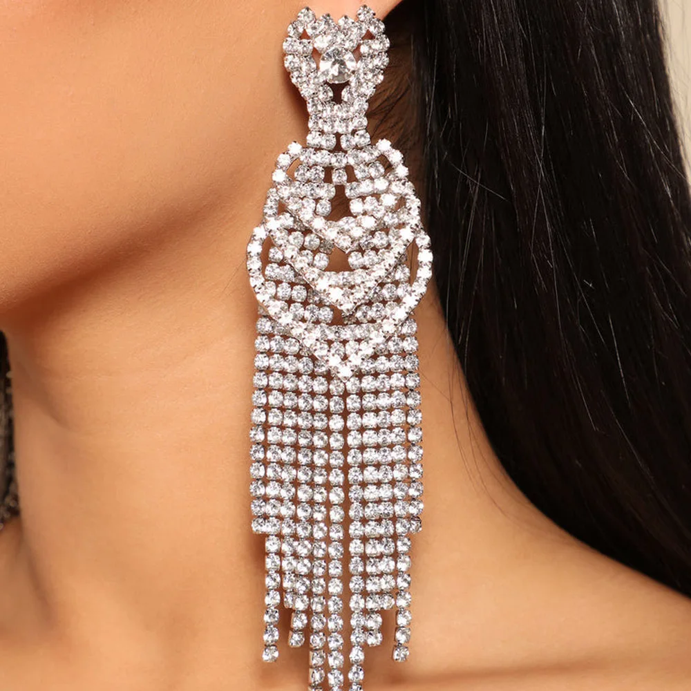 Cross-border fashion diamond-encrusted long fringed earrings women's versatile temperament rhinestone earrings stud earrings