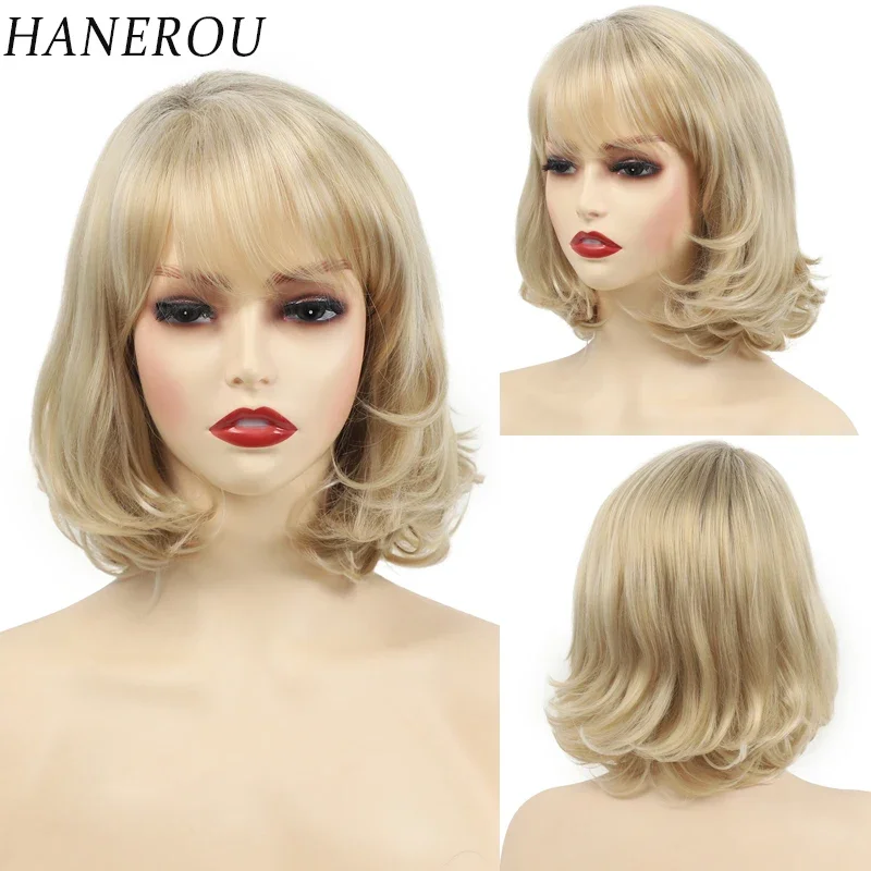 

HANEROU Women Natural Synthetic Short Wig Wavy Blonde Daily Cosplay Party Wig with Bangs High Temperature Fiber