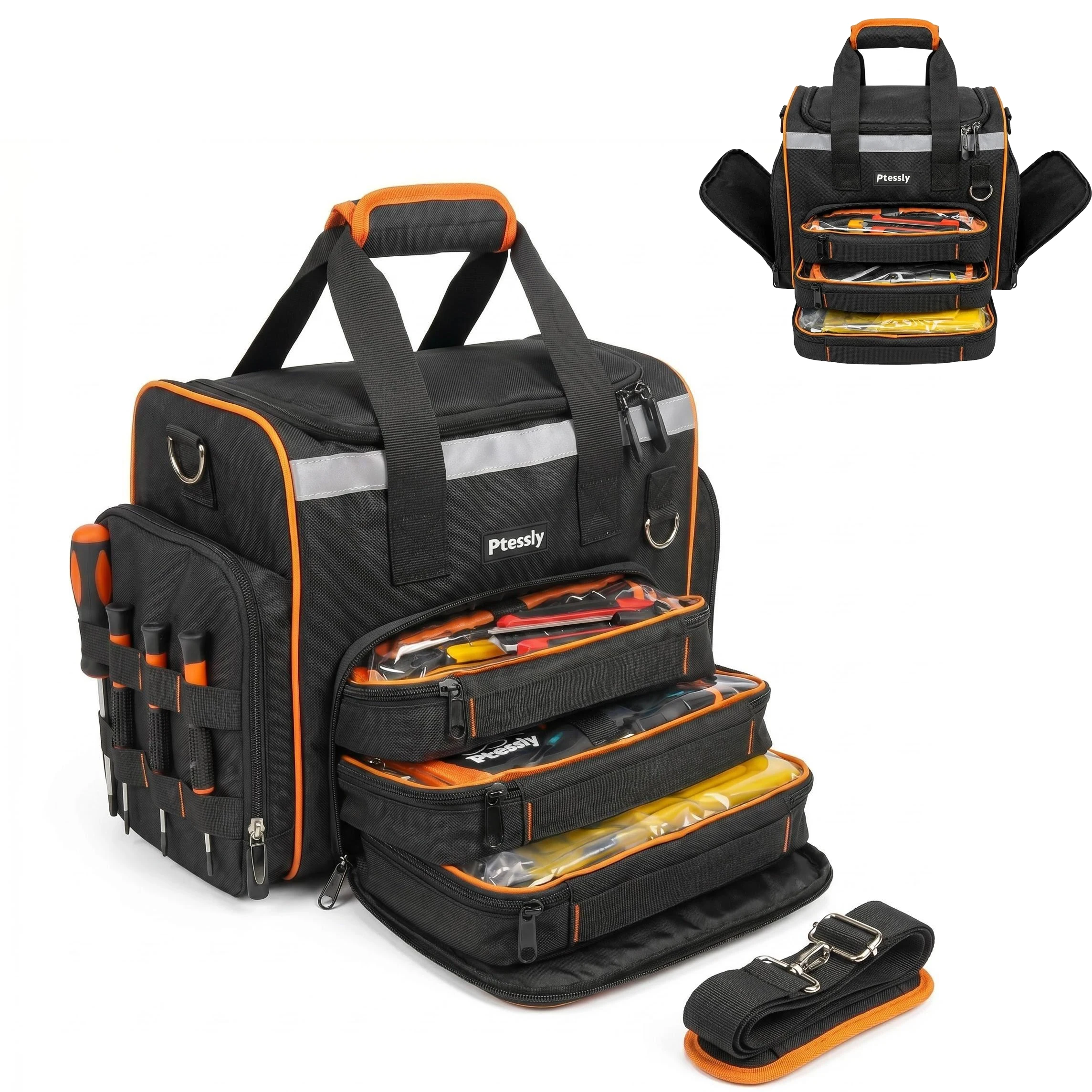 

Foldable Multi-Compartment Tool Bag 3 Layer Clear Pockets 900D Oxford Cloth Heavy Duty Shoulder Handbag for Electrician Plumber