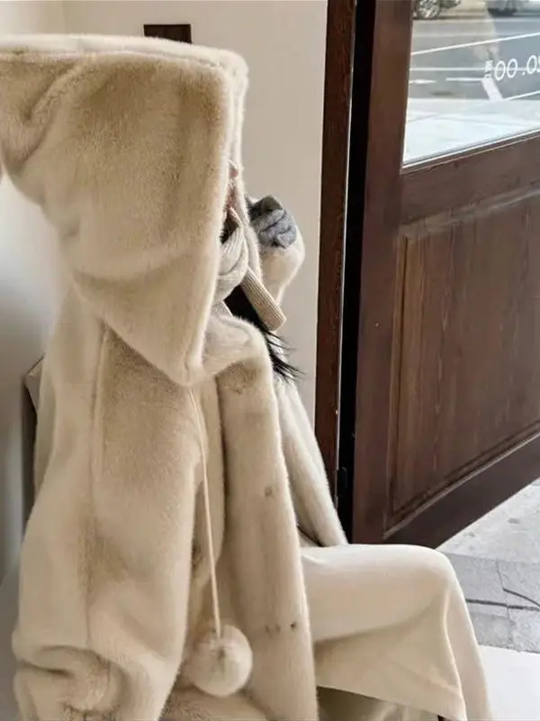 

Thiened loween Witch Long Fur Coat Women's Faionable Lazy Matchup Eco-friendly Leather Fur Inteated Hooded Jaet