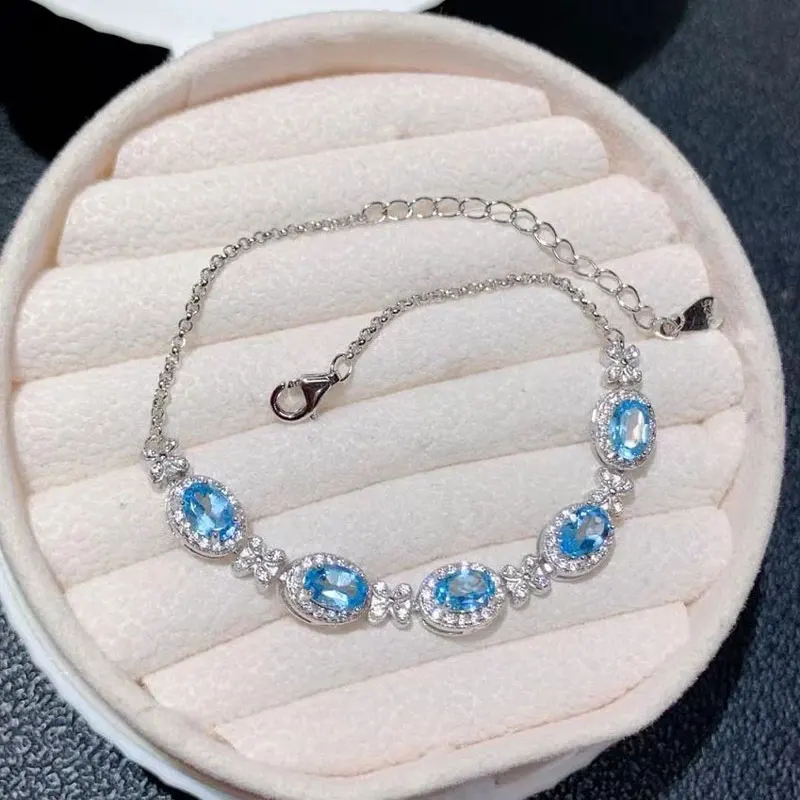 

Pure Blue Topaz Bracelet for Women 4mm*6mm Total 2.5ct Natural Topaz 925 Silver Bracelet with Thick Gold Plating Keep Shining