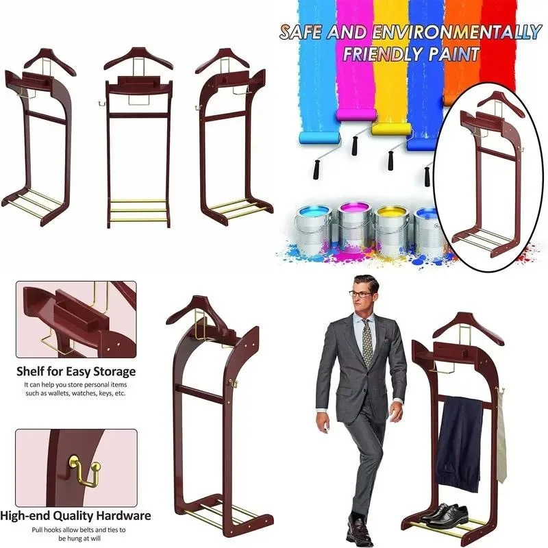 Floor Standing Clothing Valet Rack Solid Wood Frame Hanger Set for Men and Women Jacket Storage Crease Free Organizer