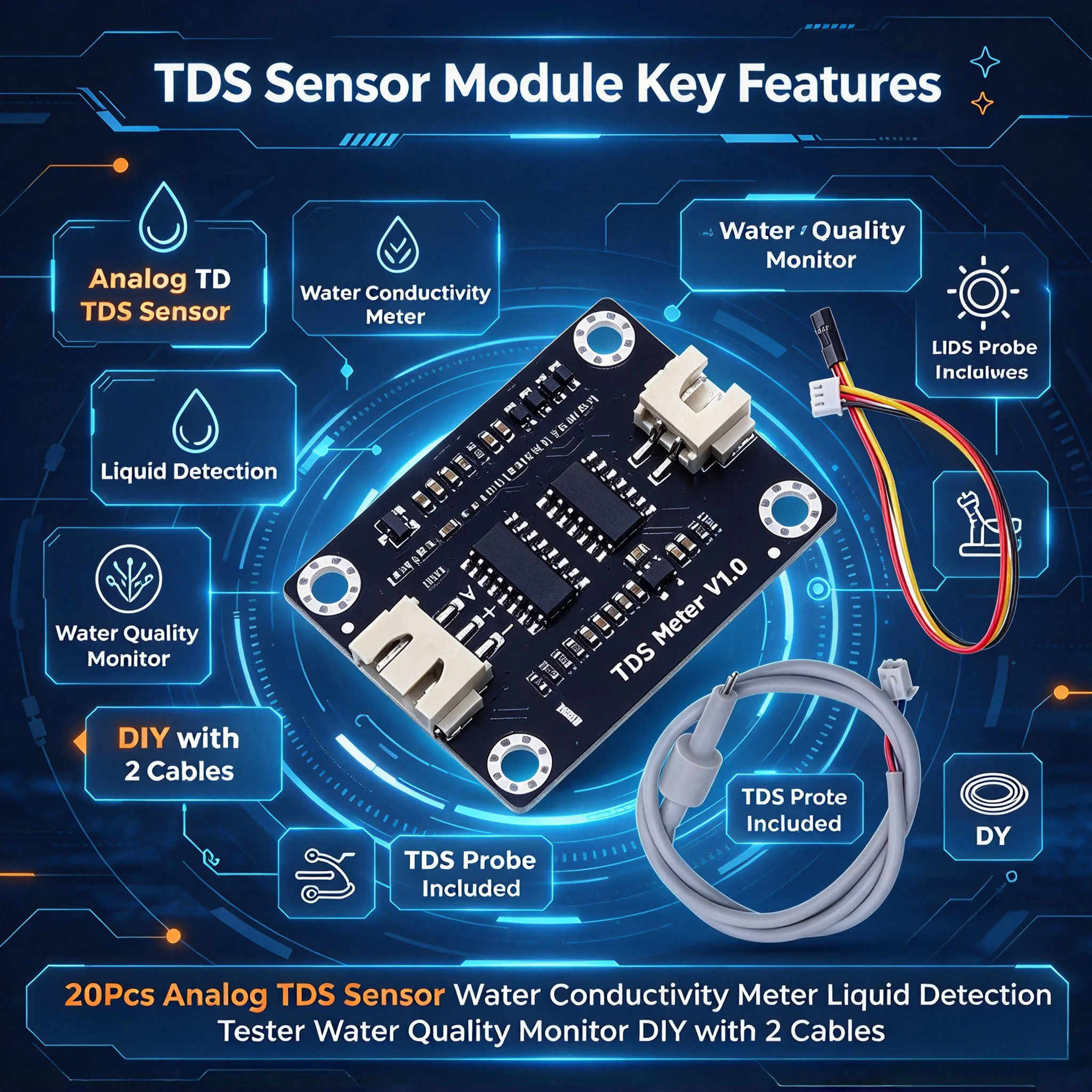 20Pcs Analog TDS Sensor Water Conductivity Meter Liquid Detection Tester Water Quality Monitor DIY with 2 Cables