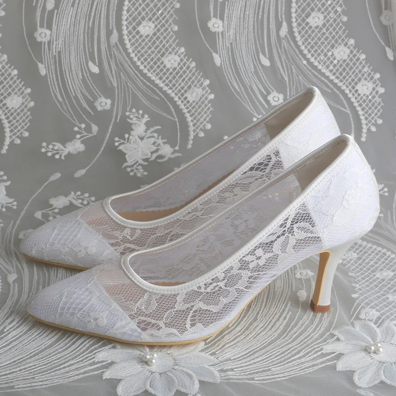 Wedopus Customized 7.5CM White Lace Wedding Shoes Bride Pointed Toe Women Pumps