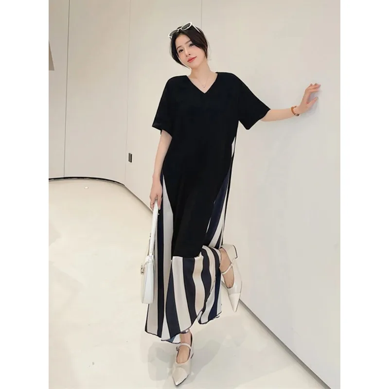 2024 Summer New Korea Dresses For Women Vestidos Robe Elbise Loose Plus Size Patchwork Silk Velvet Stripe Long Dress