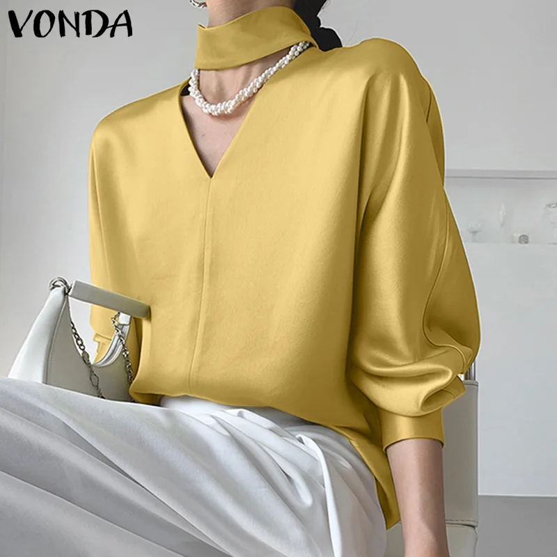 

2026 VONDA Женская модная блузка Элегантные атласные шелковые топы Однотонная туника Повседневная рубашка 3/4 с V-образным вырезом Офисные женские блузки
