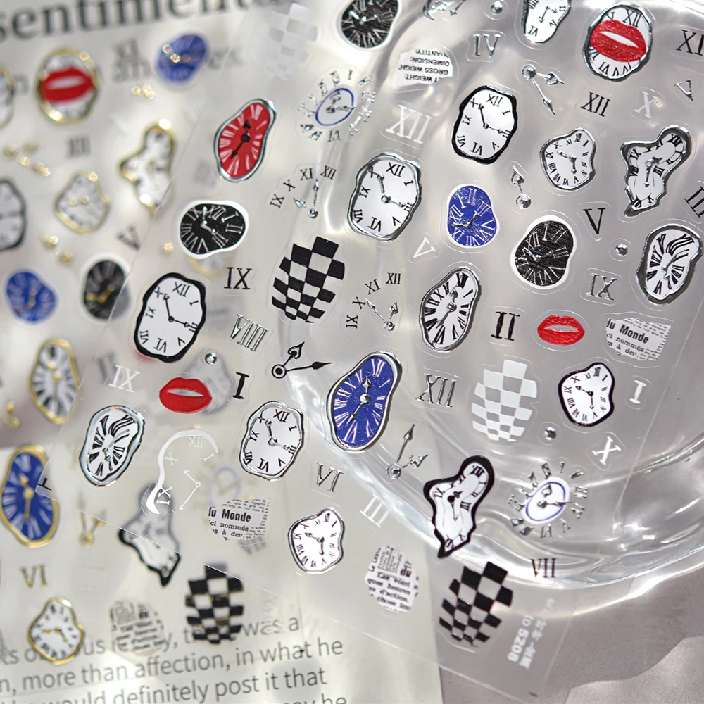 

Deformed Clock Space Warp Roman Numerals Chessboard Pattern Lip Time Watch Hour and Minute Hands Nail Art Sticker Manicure Decal