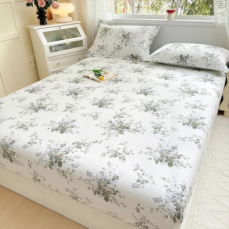 100% Cotton Fitted Sheet Floral Style Bedsheet Elastic Bed Linen Skin-friendly Bed Cover Drap De Lit Home Sheets (No Pillowcase)