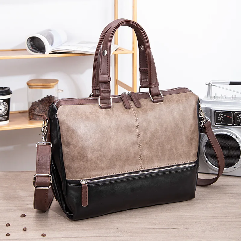 

PU leather patchwork color-blocking men's bag, light business hand-held crossbody bag, large-capacity travel single-shoulder bag