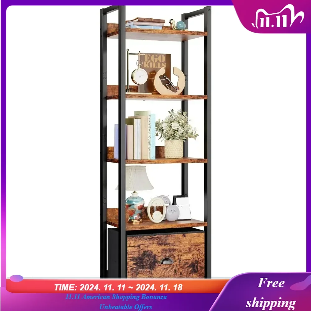 

Bookshelf with Drawer, Tall Narrow Bookcase with Shelves, Wood and Metal Book Shelf Storage Organizer,