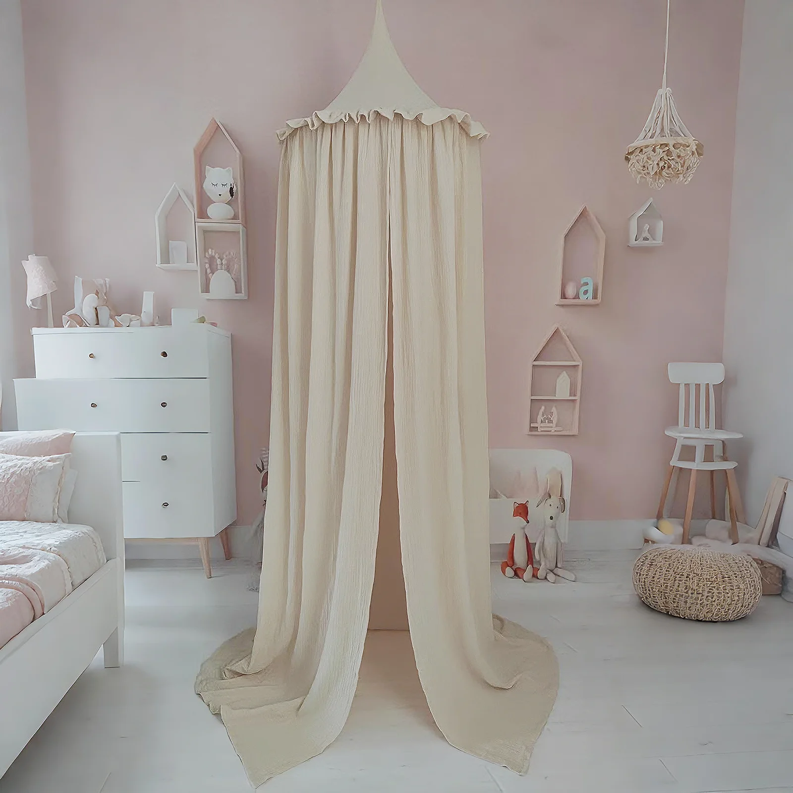 Premium 100% Cotton Muslin Hanging Dome Curtain with Frills Baby Bed Canopy for Kids Room