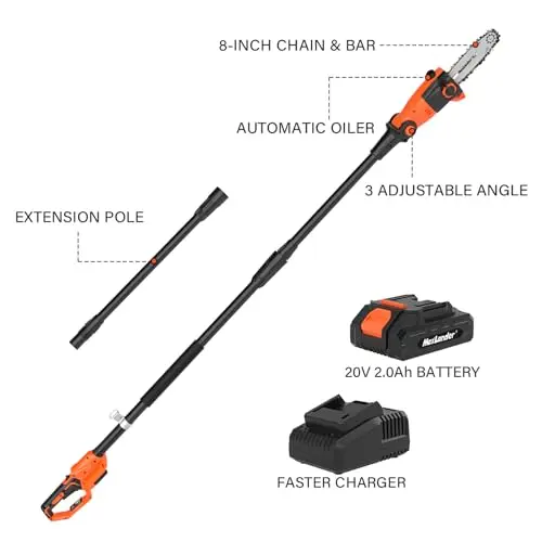Pole Saw 8-Inch Cordless Pole Saws for Tree Trimming, 15-Feet MAX Reach Electric Saw, 16ft/s Cutting Speed Auto Oiling