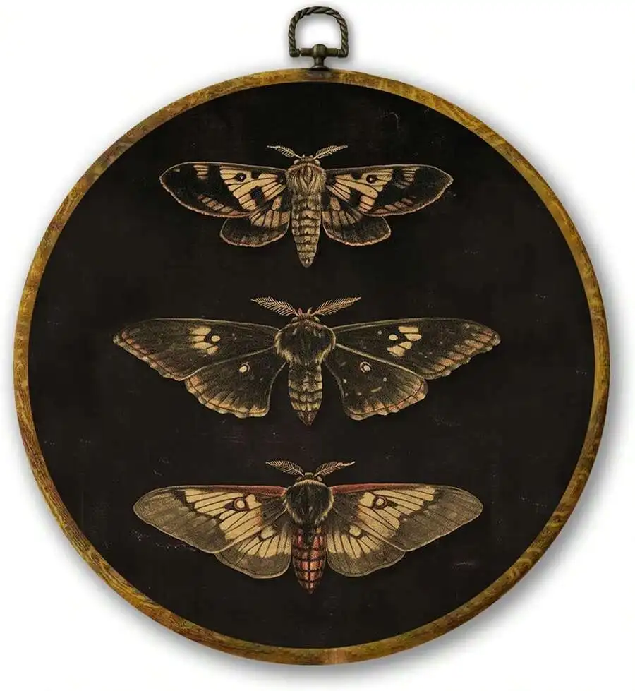 

Vintage Moth Wall Art Decor Round Framed Canvas Print For Bedroom Living Room