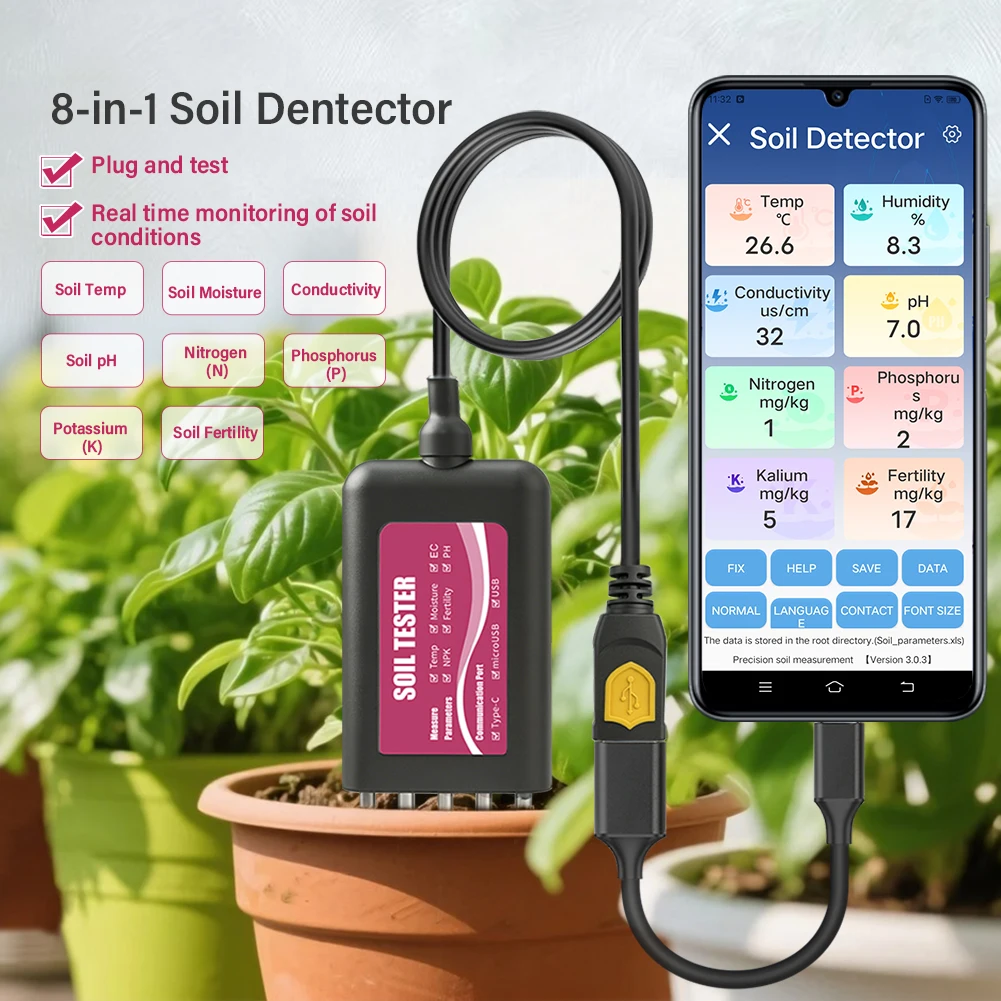 8in1 Smart Soil Tester NPK PH Meter EC Temperature Humidity Fertility Detector IP68 Waterproof Sensor for Farming Garden Plants