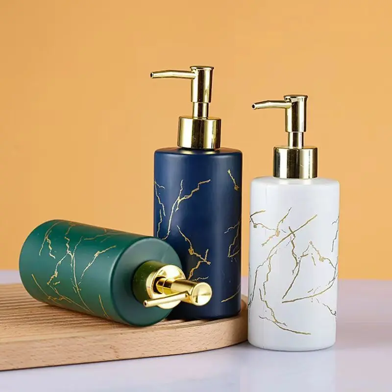 1pc Ceramic Soap Bottle, Marble Patterned Liquid Sorting Bottle, Liquid Soap Dispenser, Bathroom Accessories, Plastic Pump Head