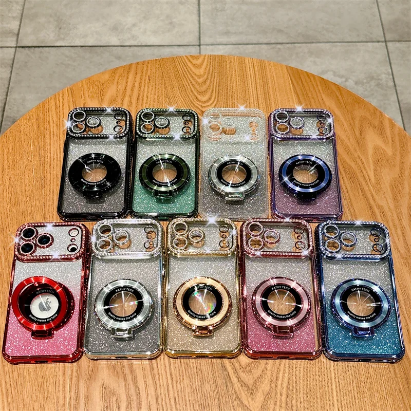 حافظة هاتف شاملة متدرجة ملونة من الألماس الصناعي مع حامل ورق لامع لهاتف iPhone 17 17 Pro 17 Air 17 Pro Max