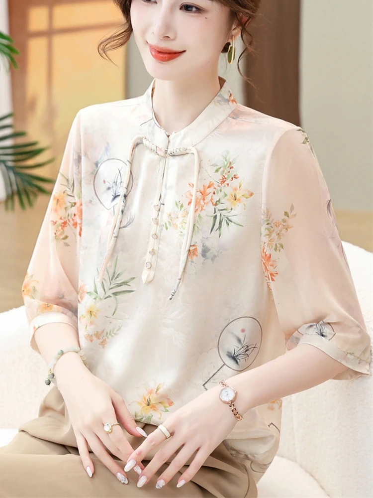 

New Chinese Sle Casual Chiffon irt for Mom Summer Faion Middle-Aged Women Seven-Quarter Sve Loose Fit Top