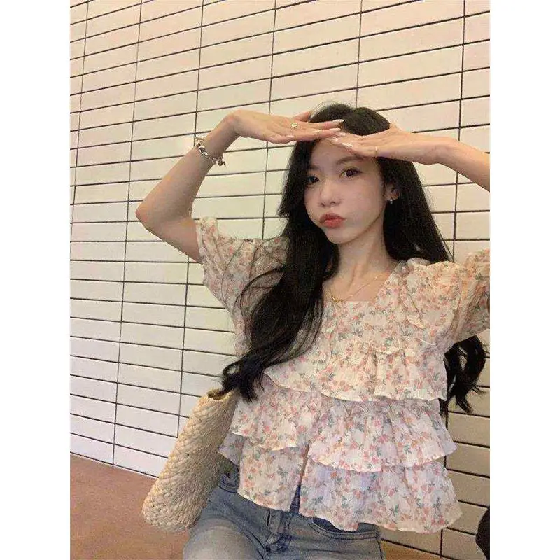 Sweet Square Collar Puff Sve Chiffon irt Women's Summer Faion Straight Cut  Knot Cold oulder Thin Cotton Bl...