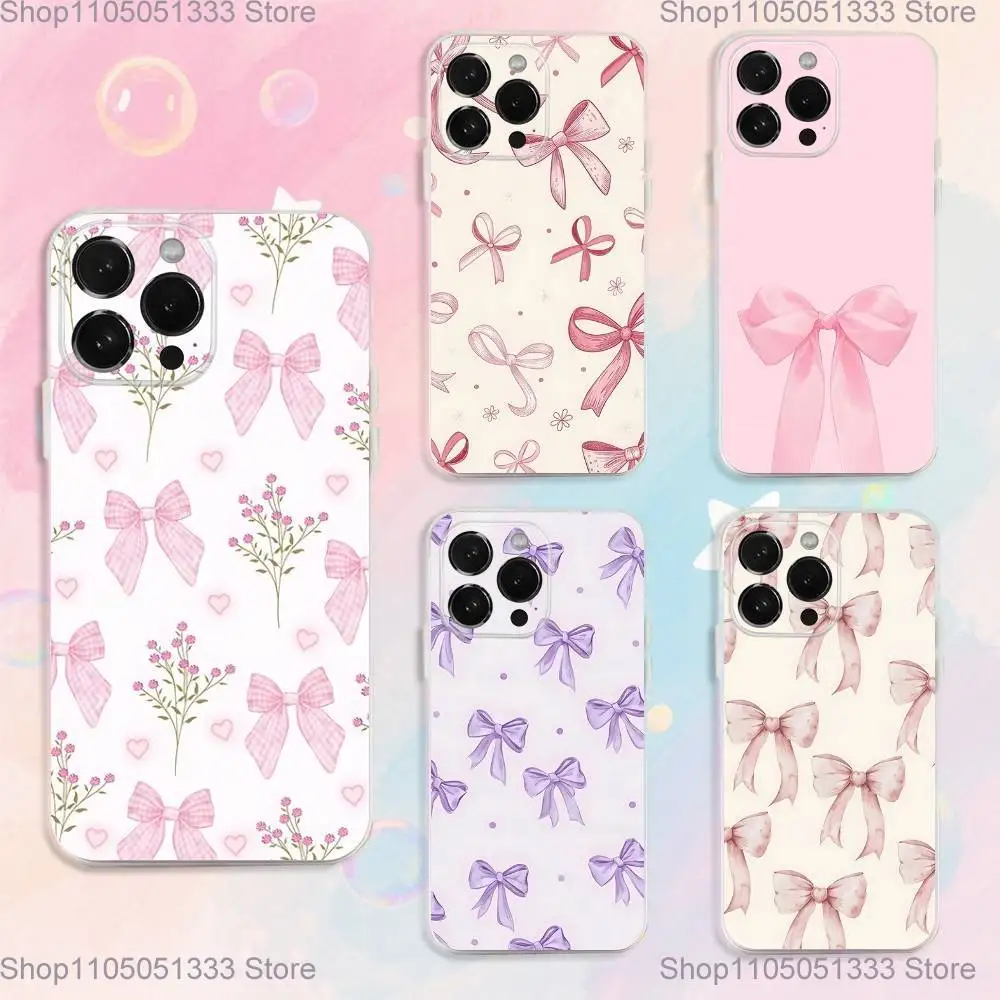 

Korean Cute Pink Bow Phone Case For iPhone 16,15,14,13,12,11 Plus,Pro,Max,XR,XS,Plus,E,SE4,Mini Transparent Cover