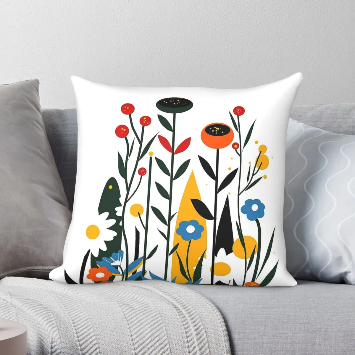 Mid Century Flower Field Square Pillowcase Polyester Linen Velvet Pattern Zip Decorative Pillow Case Home Cushion Cover