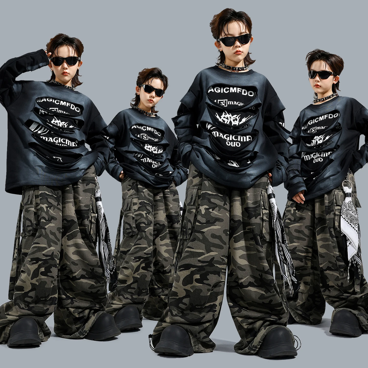 الأطفال الحديثة رقص الجاز أزياء مسرحية للفتيات بلوزات فضفاضة التمويه السراويل الشارع الشهير الفتيان الهيب هوب الملابس DQS21040