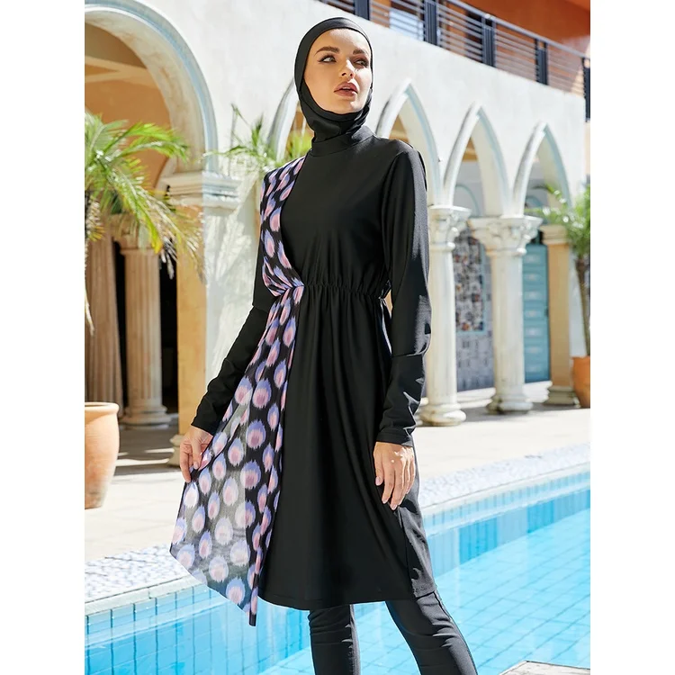 

Muslim Swimsuits Print Sunscreen Conservative Three Piece Slim Ladies Beach Long Sleeve Burkini Full Cover Hijab Modest Swimsuit