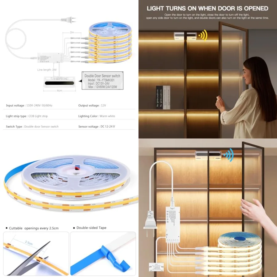 COB LED Strip Lights 12V, 6-in-1 Door Sensor Control Under Cabinet Lighting Kit with 60W Adapter Flexible LED Tape Light for DI