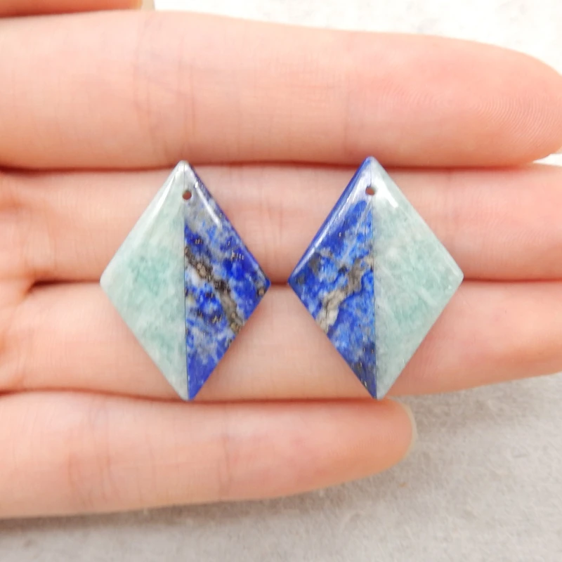

2PCS Dual-Gem Blue-Green Jewelry Components Amazonite & Lapis Lazuli Diamond Pendant Pair for Crafting 26x18x4mm-4.6g