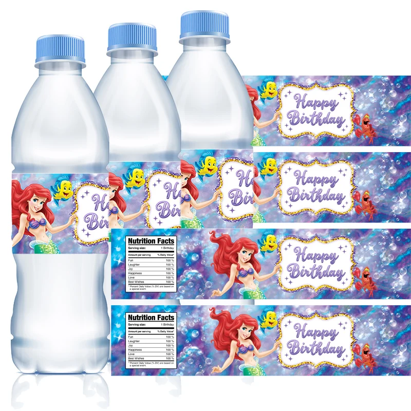 Disney Ariel La Sirenetta Etichette per bottiglie d'acqua Adesivi Decorazioni per la tavola di compleanno per ragazze per forniture per feste per baby shower