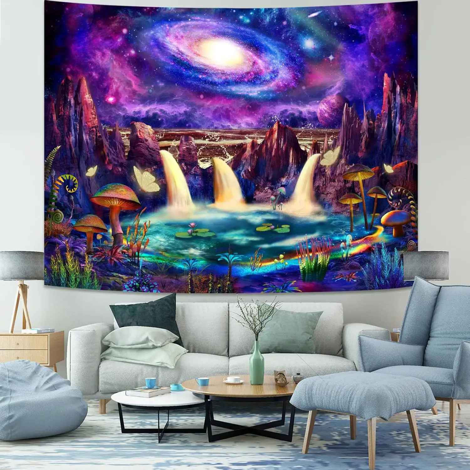 Psychedelic Mushroom Waterfall Tapestry,Galaxy Space Fantasy Landscape Print Wall Hanging for Bedroom Living Room Dorm Apartment
