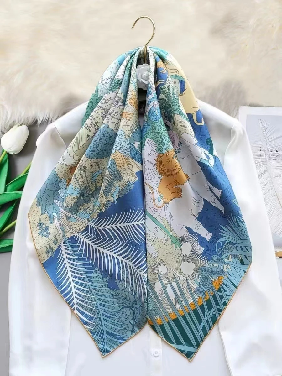 Spring Autumn Blue White 100% Silk Women Silk Scarf Shawl Fashion Brand Ladies Square Scarves Hijabs Winter Shawls Foulard 90cm