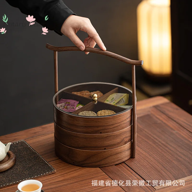 Black walnut four-grid dried fruit plate Home living room snack plate Housewarming melon seeds nut candy plate