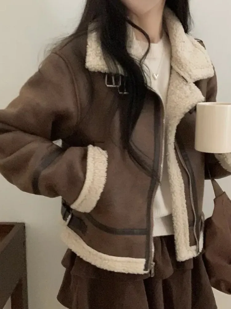 Retro inverno quente pele couro camurça zíper solto feminino motociclista jaet casual outerwear chique thiened poliéster longo sve