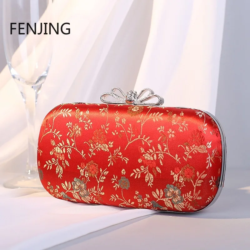 Vintage Style Handmade Embroidery Floral Evening Bag Rhinestone Butterfly Buckle Evening Clutch Chain Crossbody Bags Red Purse